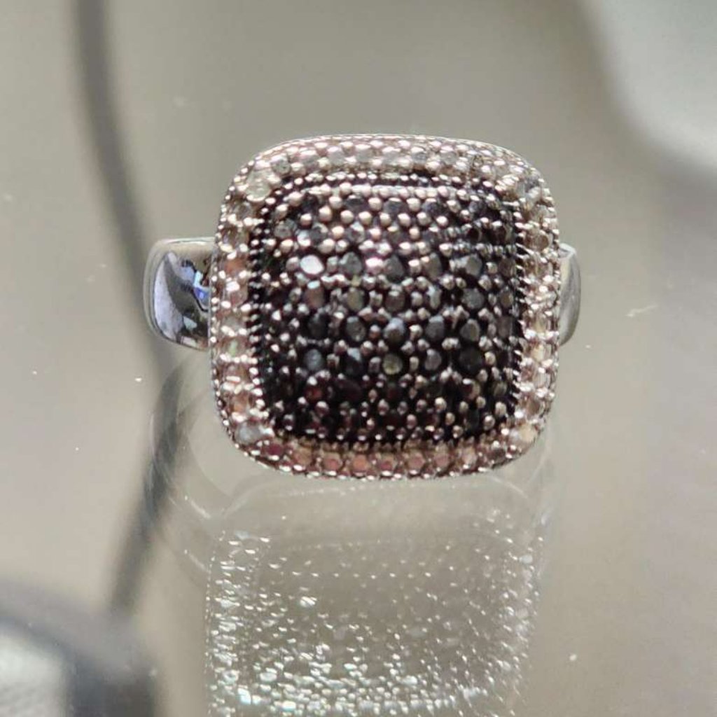 Vintage Dbj Black And White Diamond Square Ring, Sterling Silver